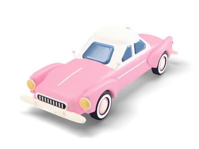 Pastel pink fifties-style classic car with cream roof, round yellow headlights, whitewall tires and tail fins