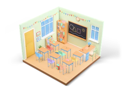 Isometric classroom with blank chalkboard showing shapes, six student desks with pastel chairs, teacher desk with globe and bunting
