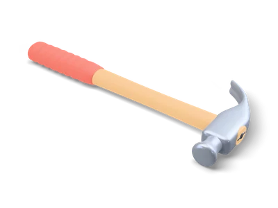 Claw hammer with steel head, curved claw, light wooden handle and red rubber grip