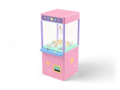 Pink claw machine with a glass case full of colorful capsule balls and star cushions, a hanging claw and a blue control panel