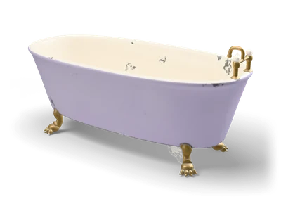 Lavender clawfoot bathtub with a cream chipped interior, gold lion feet and old gold taps at one end