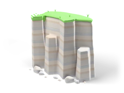 Light grey layered cliff wall with rock pillars, green grass on top and small stones at its foot