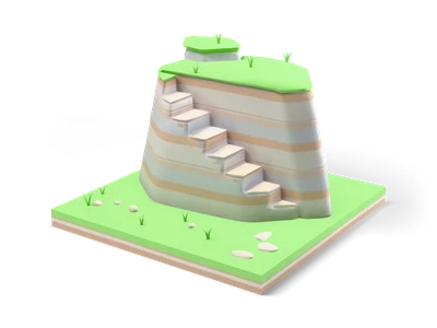 Square grass tile with a layered rock cliff and light stone stairs carved diagonally up its front to a grassy top