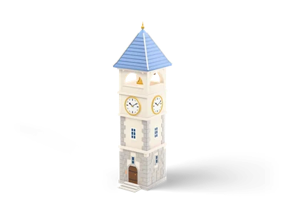 Dorf-Uhrturm mit Steinsockel, cremefarbenem Mittelteil, goldgerahmten Zifferblättern, Glocke und blauem Dach