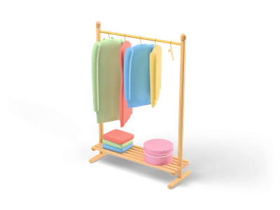 Wooden clothes rack with a gold rail, colourful clothes on hangers, folded sweaters and a pink hat box