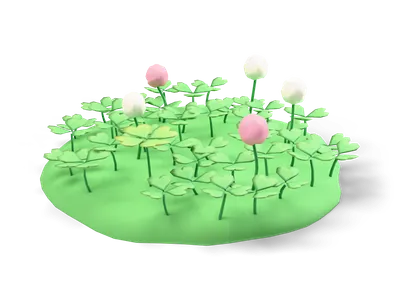 Round green turf patch covered with heart shaped clover leaves, cream and pink clover blossoms and one four leaf clover