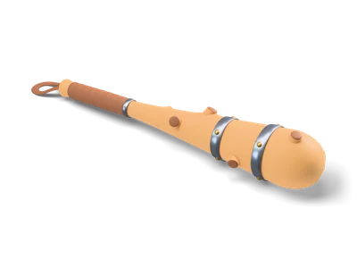 Stylized honey wood club lying on its side with rounded branch stubs, two iron bands with brass rivets, leather grip and wrist strap loop