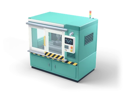 Teal enclosed CNC milling machine with a white glass sliding door, side control pendant and signal light