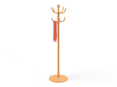 Tall honey wood coat stand with curved hooks on top and a coral knitted scarf hanging from one hook