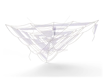 Large grey spider web stretched across a room corner with thin threads, torn rings and a few hanging strands