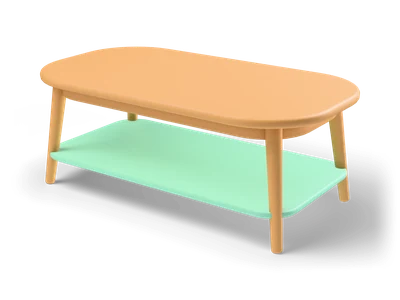 Low rounded honey wood coffee table with four tapered legs and a mint green lower shelf