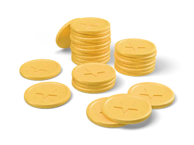 Tres pilas de monedas de oro con estrellas grabadas y varias monedas sueltas alrededor