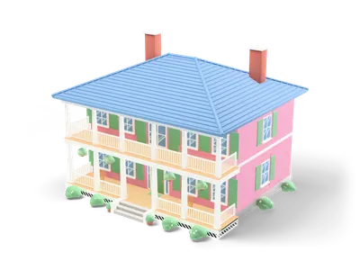 Pink two-storey colonial house with full-width white double gallery, green shutters, blue hip roof and two brick chimneys