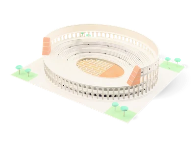 Coliseo color crema con tres pisos de arcadas, frente más bajo y roto, contrafuertes de ladrillo melocotón, gradas y arena con escenario de madera