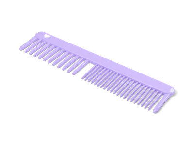 Lavender plastic comb lying flat with coarse and fine teeth and a small white heart