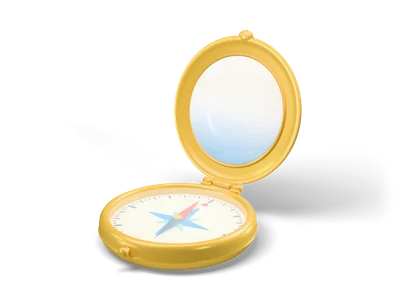 Open brass compass with a mirror in the lid, cream dial with tick marks, blue wind rose and coral needle