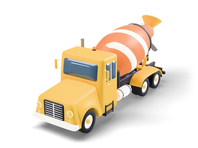 Yellow bonneted concrete mixer truck with an orange and white striped mixing drum on three axles