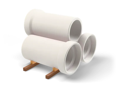 Three large light grey concrete pipes stacked on wooden beams with small wedges