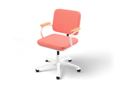 Coral conference swivel chair with white shell, white looped armrests with wooden pads and white five star base on casters