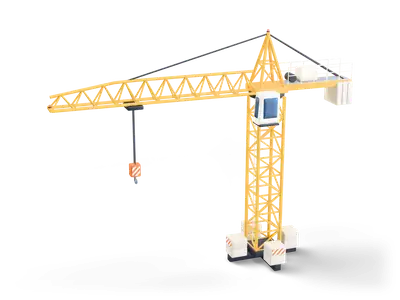 Yellow lattice tower crane with a long jib, operator cab, counterweight and a hook hanging from the trolley