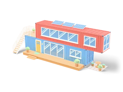 Two stacked shipping containers in blue and coral forming a home with windows, roof deck, outdoor stairs, solar panels and porch
