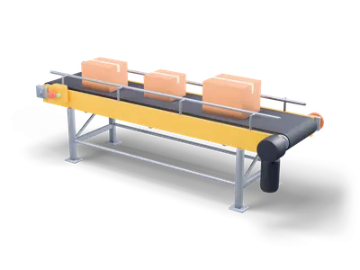 Yellow conveyor belt on steel legs with a dark rubber belt carrying three cardboard boxes