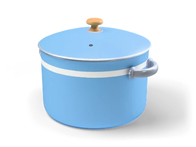 Sky-blue enamel cooking pot with white band, steel side handles and lid with wooden knob