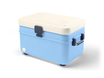 Light blue cooler box with a cream lid, dark latch and metal side handles with black grips