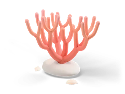 Coral and peach colored branching coral with rounded tips on a grey stone next to two cream scallop shells