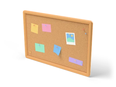Cork pin board in a rounded honey wood frame with pastel paper notes, a small photo and round push pins