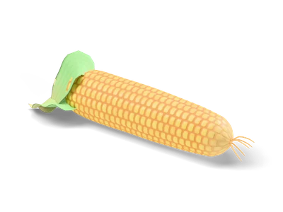 Stylized yellow corn cob with neat kernel rows and pale green husks folded back