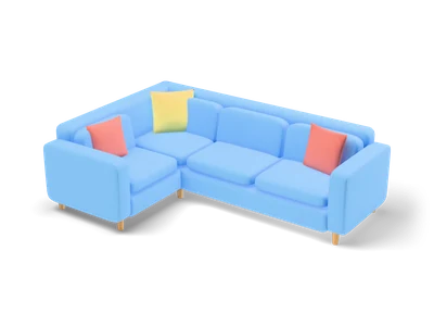 Sky blue L shaped corner sofa with soft cushions, coral and yellow throw pillows and short wooden legs