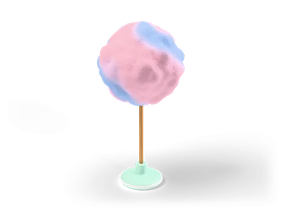 Pink and light blue cotton candy cloud on a wooden stick in a small mint stand