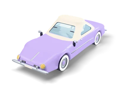 Lavender retro coupe with a cream bubble roof, round headlights in raised fenders and whitewall tyres