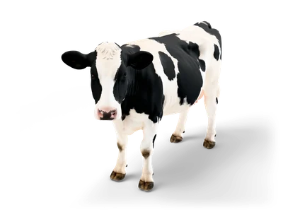 Schwarz-weiße Holstein-Milchkuh mit rosa Maul und Schlappohren, stehend und dem Betrachter zugewandt