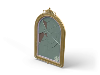 Arched wall mirror in a gold frame with a shell on top, the pale green glass cracked into shards with pieces missing