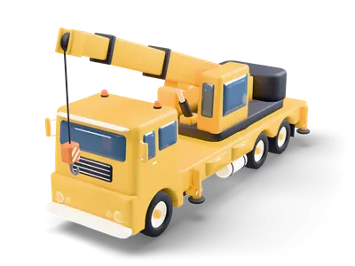 Yellow three axle mobile crane truck with a retracted telescopic boom, hook block and black counterweight