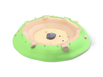 Round grassy crater with layered sandy walls and a dark meteorite stone lying on its sandy floor