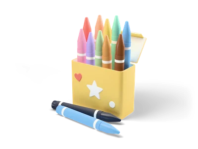 Open yellow crayon box with a white star, holding pastel and bright crayons, two loose crayons in front