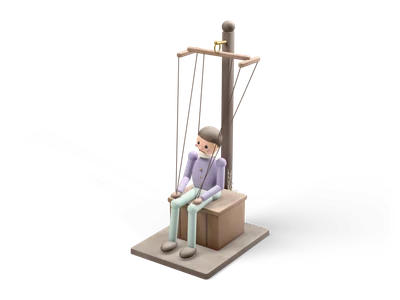 Wooden marionette in a lavender tunic sitting on a crate, strings running up to a control bar on a dark stand