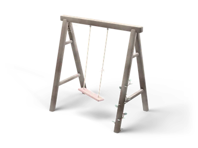 Weathered grey wooden A-frame swing with a pink seat hanging crooked from two ropes