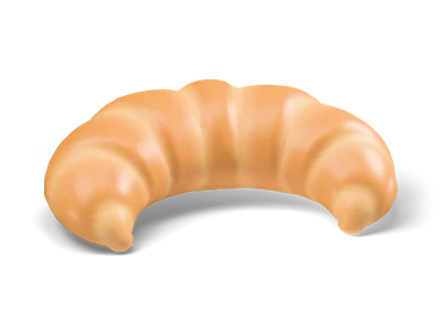 Golden glossy croissant in a crescent shape with diagonal dough ridges