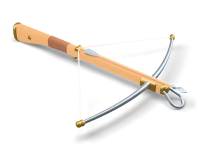 Stylized crossbow lying level with a honey wood stock, leather grip wrap, curved steel prod with brass caps, steel stirrup and a loaded bolt with blue vanes