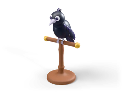 Chubby cartoon crow with blue-black feathers and big eyes on a walnut perch stand with gold end knobs
