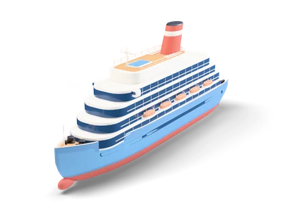 Pastell-Kreuzfahrtschiff mit himmelblauem Rumpf, weißen Stufendecks, Fensterbändern, Rettungsbooten und Korallenschornstein