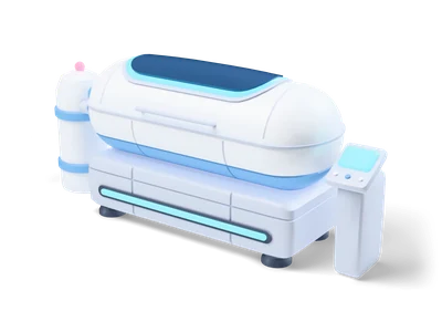 White cryo sleep pod on a base with dark blue window lid, glowing cyan trim, coolant tank and small console