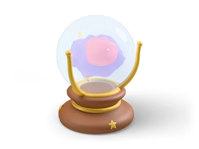 Bola de cristal con nebulosa rosa y lila luminosa sobre un pie de madera con garras doradas