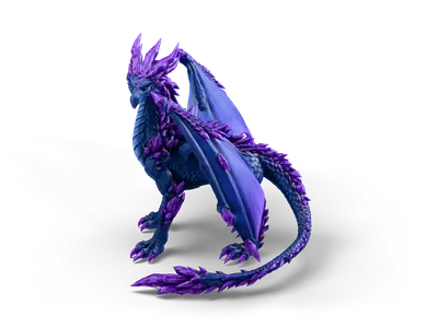 Dark blue four-legged dragon with violet crystal shards on its head, back, wings and long tail