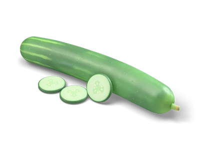 Stylized dark green cucumber with pale stripes and three cucumber slices