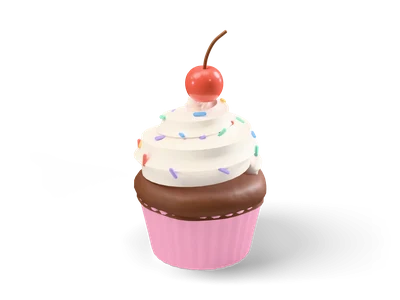 Chocolate cupcake in a pink paper liner with vanilla frosting swirl, sprinkles and a red cherry
